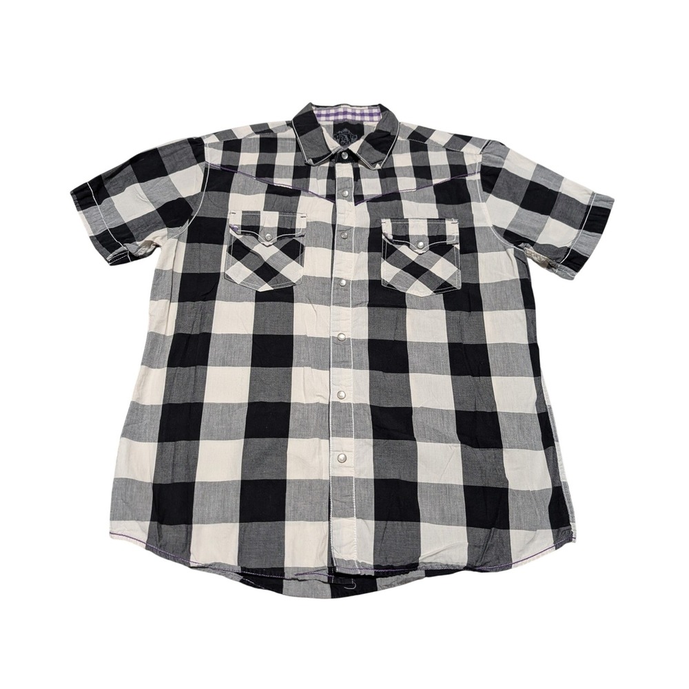 Western Shirt‎ Mens L Black White Buffalo Plaid Pearl Snap Purple Allude Gold